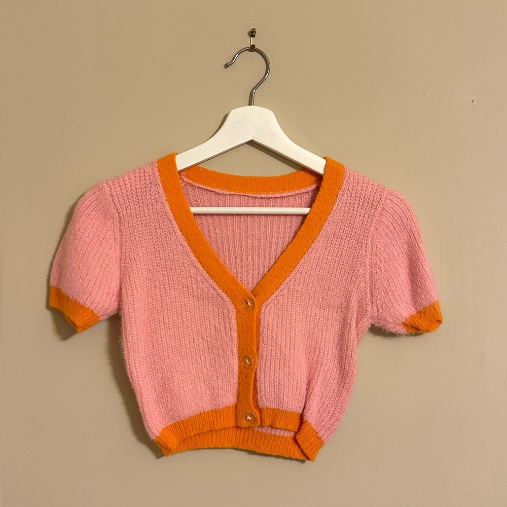 Y2K Cute Orange & Pink Knit Cropped Cardigan